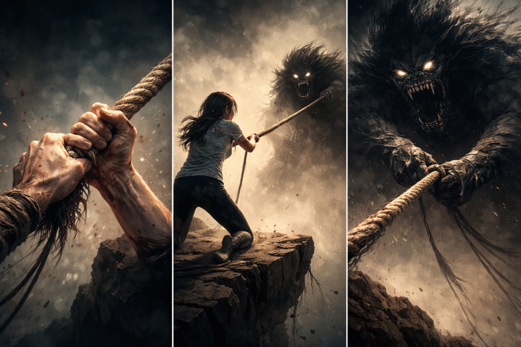 Henkilö vetää köyttä kuilun reunalla hirviötä vastaan – kuva symboloi kamppailua kivun ja pelon kanssa.