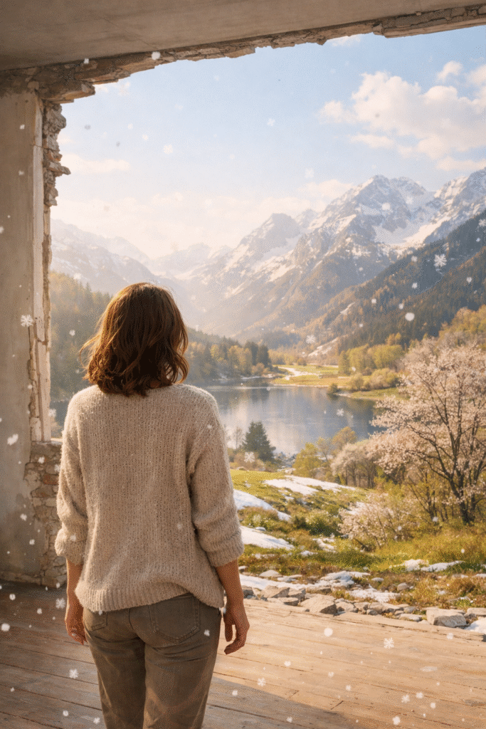 Nainen katsoo avoimesta huoneesta keväiseen vuoristomaisemaan, sulava lumi ja lumihiutaleet symboloivat helpotusta ja hyväksymistä kroonisen kivun kanssa.