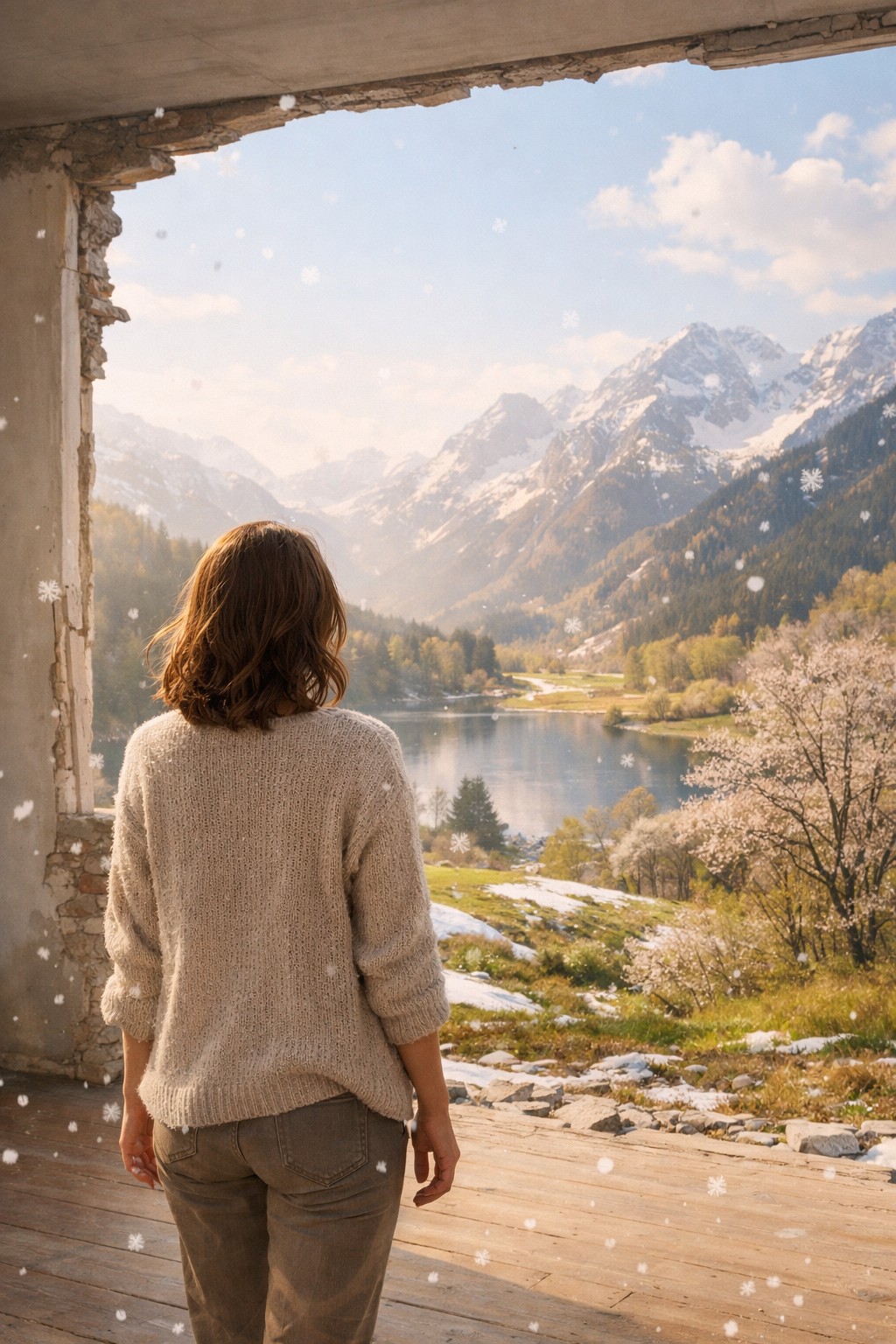 Nainen katsoo avoimesta huoneesta keväiseen vuoristomaisemaan, sulava lumi ja lumihiutaleet symboloivat helpotusta ja hyväksymistä kroonisen kivun kanssa.